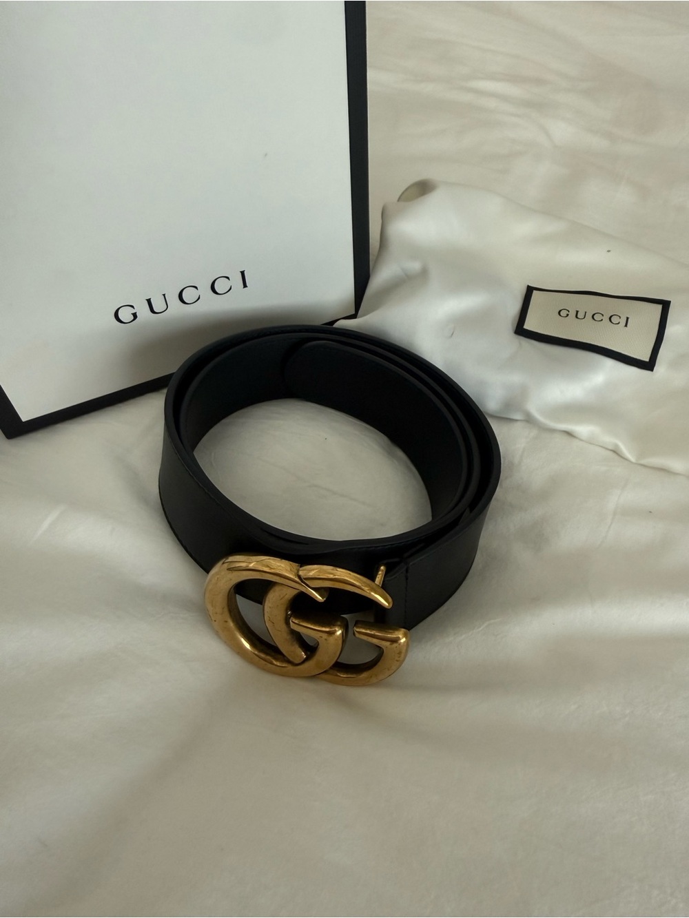 Gucci Women’s Black Dress Belt Gold Double G Logo Buckle Size 80-32